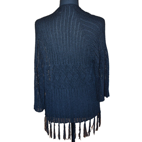 XXI Women's Small, Black Crochet Sweater, Open Knit with Tassels Cardigan Sheer - Picture 4 of 5